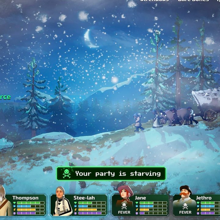 A scene from The Oregon Trail with snowy mountains.