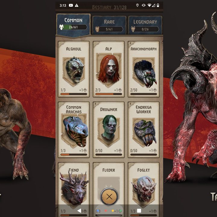 The Bestiary from The Witcher Monster Slayer flanked by two enemies.