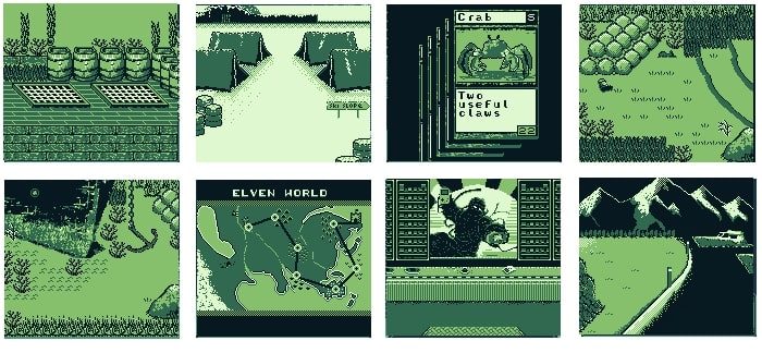 Screenshots from Greenboy Games' suite of Game Boy games.