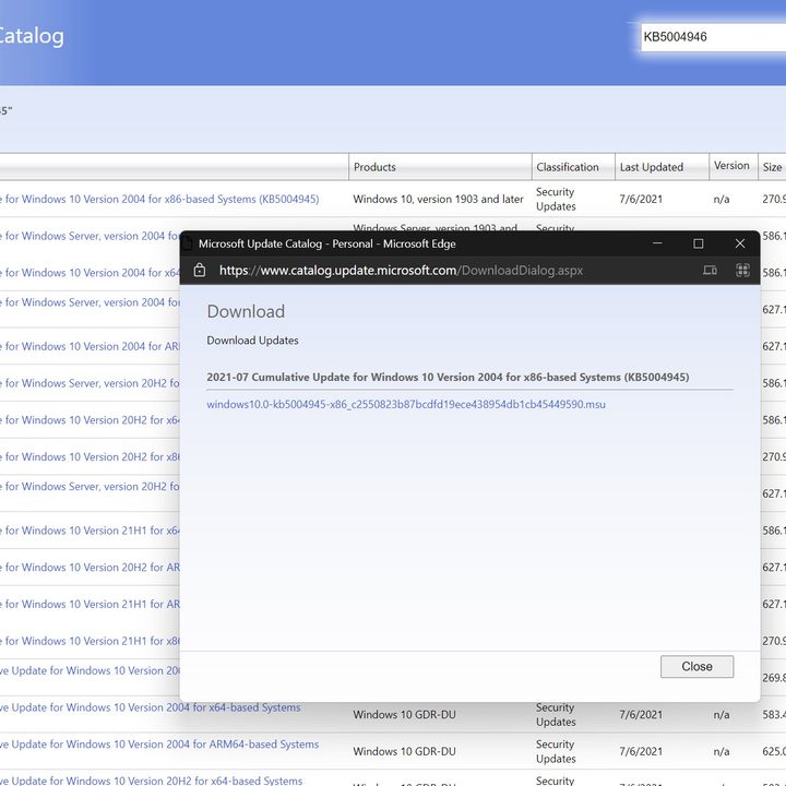 The Microsoft Update Catalog Open on Windows 10 to fix PrintNightmare