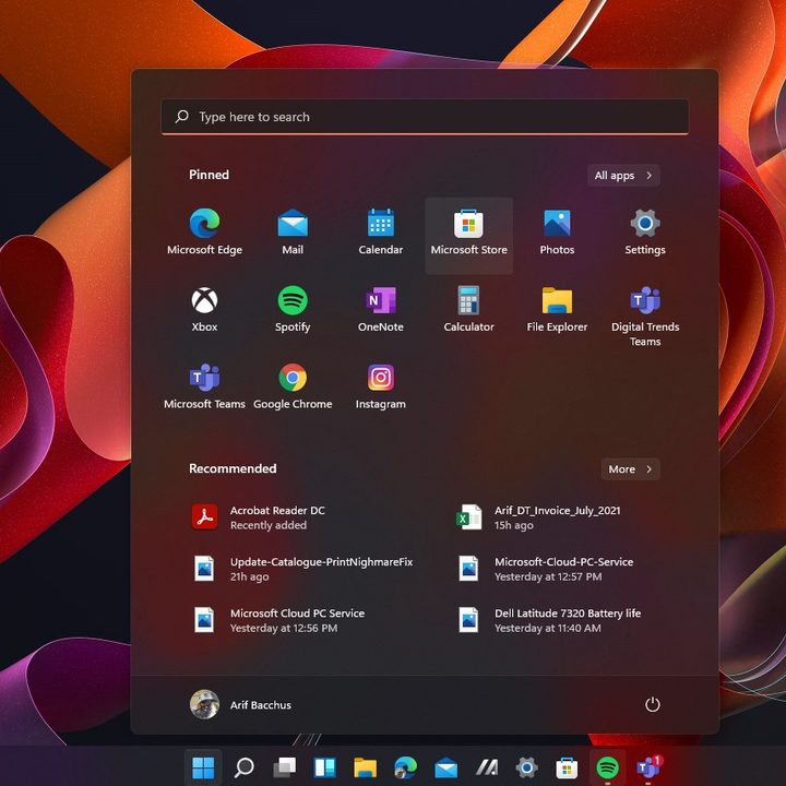 The new windows 11 start menu.