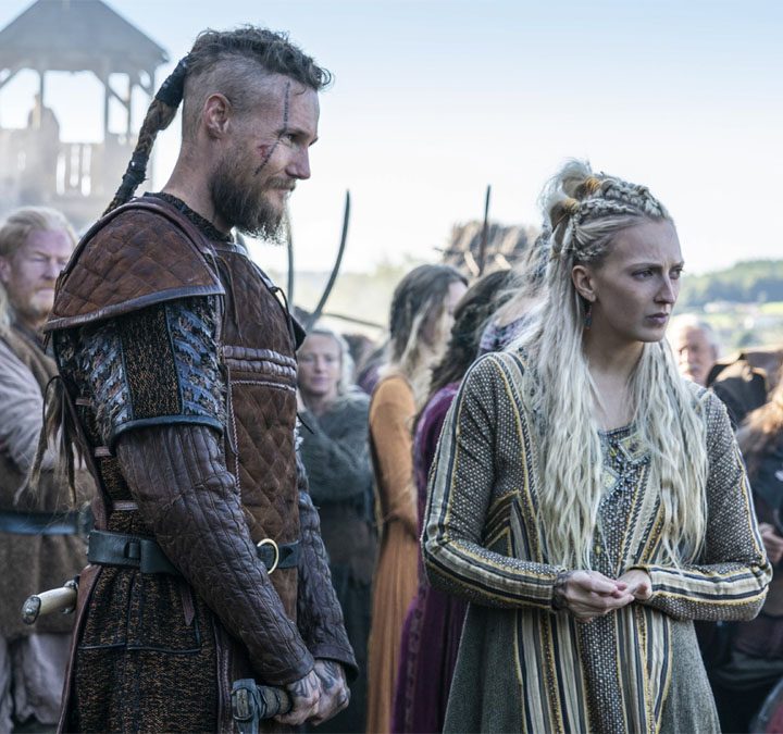 Torvi and Ubbe in a battle camp in Vikings.