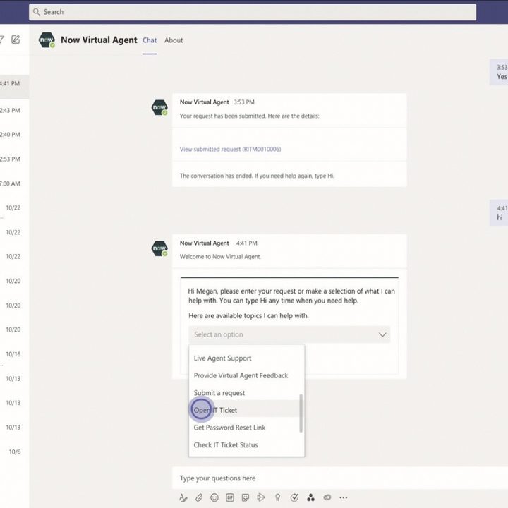 The Service Now Collaboration app open in Microsoft Teams as an app