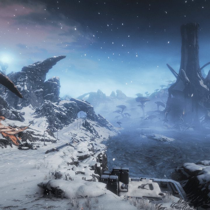 Icy landscape of Fortuna in Warframe.