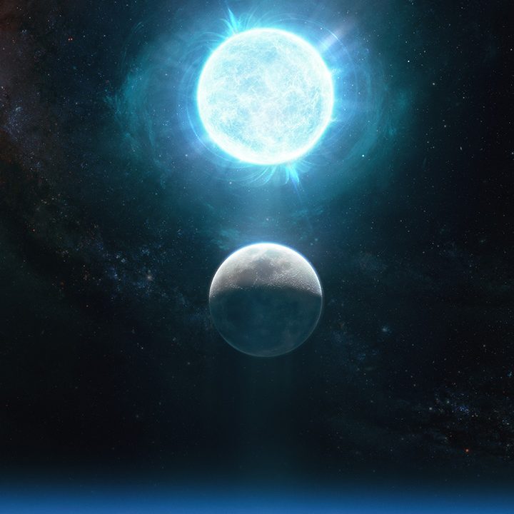 The white dwarf ZTF J1901+1458 is about 2,670 miles across, while the moon is 2,174 miles across. It is depicted above the Moon in this artistic representation.