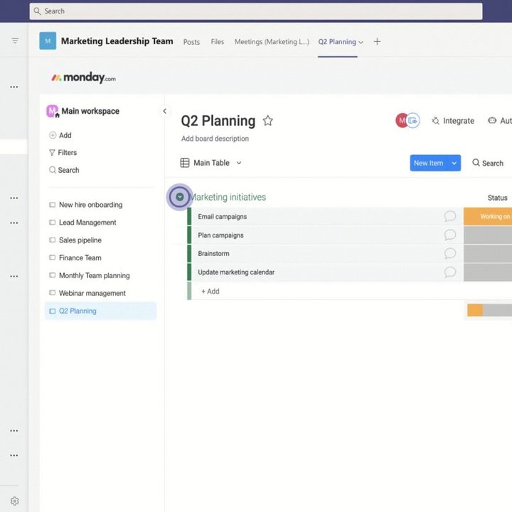 monday.com app open as a collaboration app in Teams.