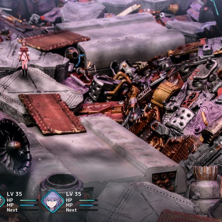 A character stands in a scrapyard in Fantasian.