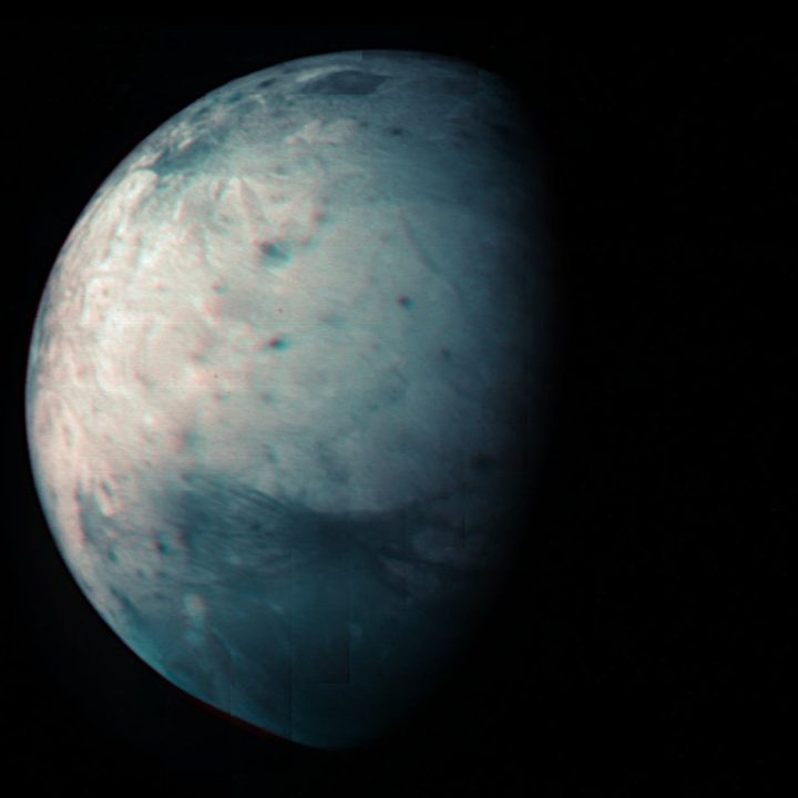Infrared view of Jupiter’s icy moon Ganymede obtained by the Jovian Infrared Auroral Mapper (JIRAM) instrument aboard NASA’s Juno spacecraft.