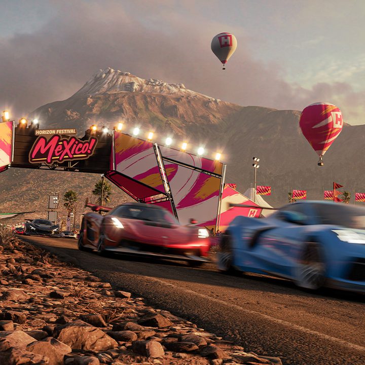 Multiple cars race in Mexico in Forza Horizon 5.