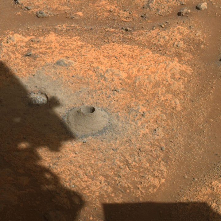 The hole drilled in a Martian rock in preparation for the Perseverance rover's first attempt to collect a sample.