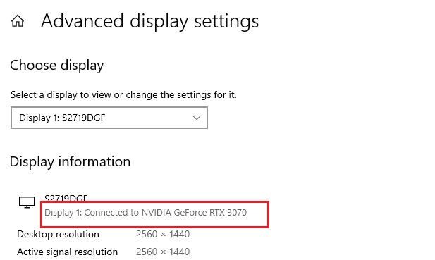 Advanced display settings in Windows 10.