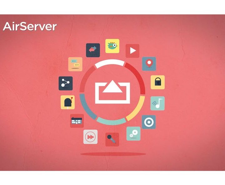 The AirServer logo surrounded by icons for various mirroring options.
