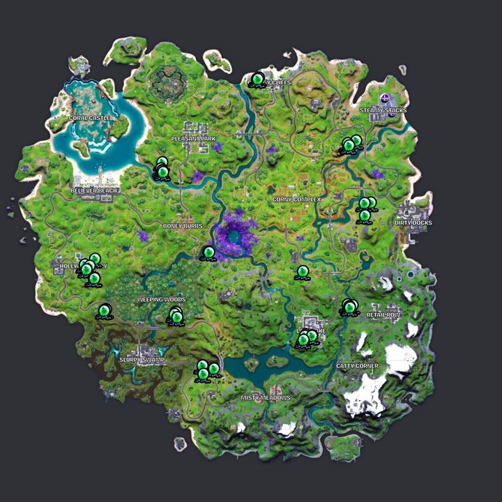Map of alien artifacts in Fortnite.