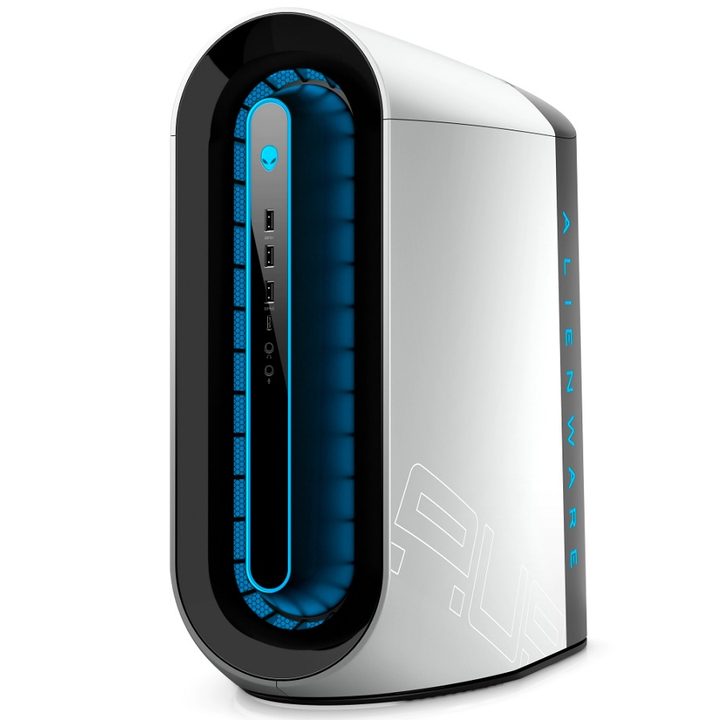 An angled view of the white Alienware Aurora R12 gaming PC.