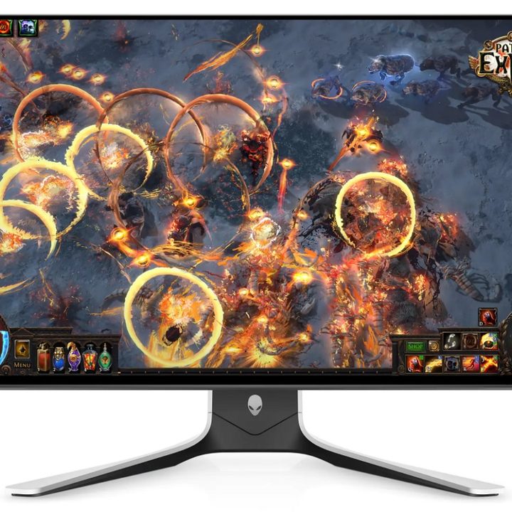 A 27-inch Alienware gaming monitor with a screenshot of Path to Exile on the screen.