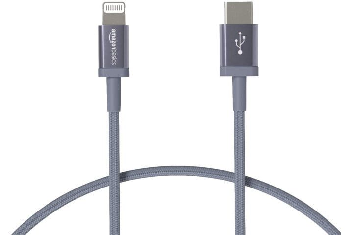 Amazon Basics nylon braided dark gray USB-C to Lightning cable.