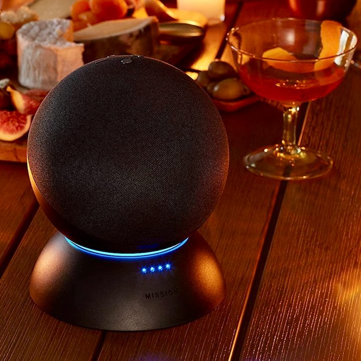 The Amazon Echo (4th Gen) Battery Base at a dinner party.
