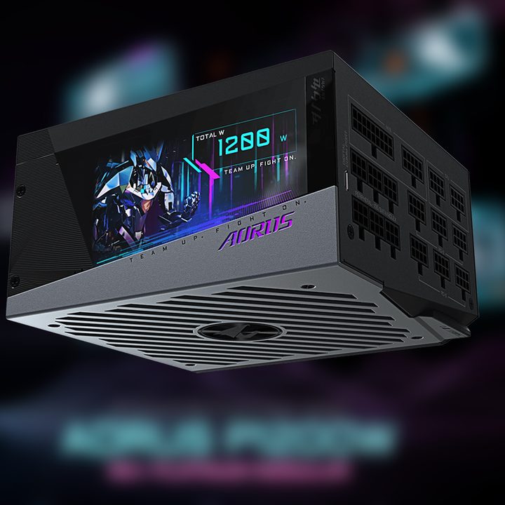 An Aorus P1200 power supply on a blurred background.