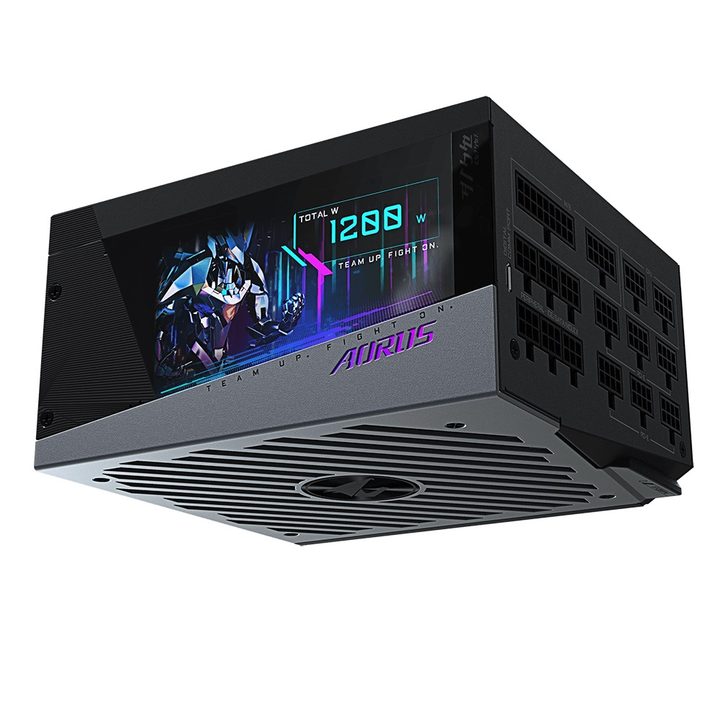 The screen on the side of the Aorus P1200W power supply.