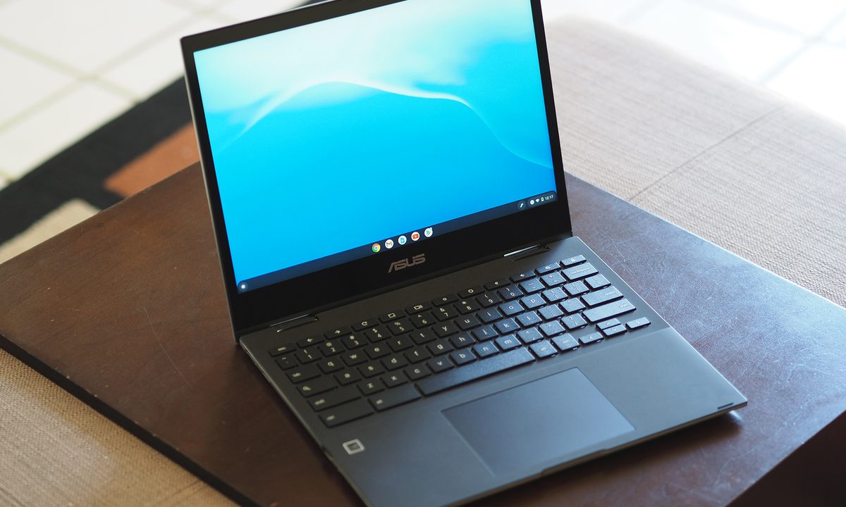 Asus Chromebook Flip CM3 sitting on table top.