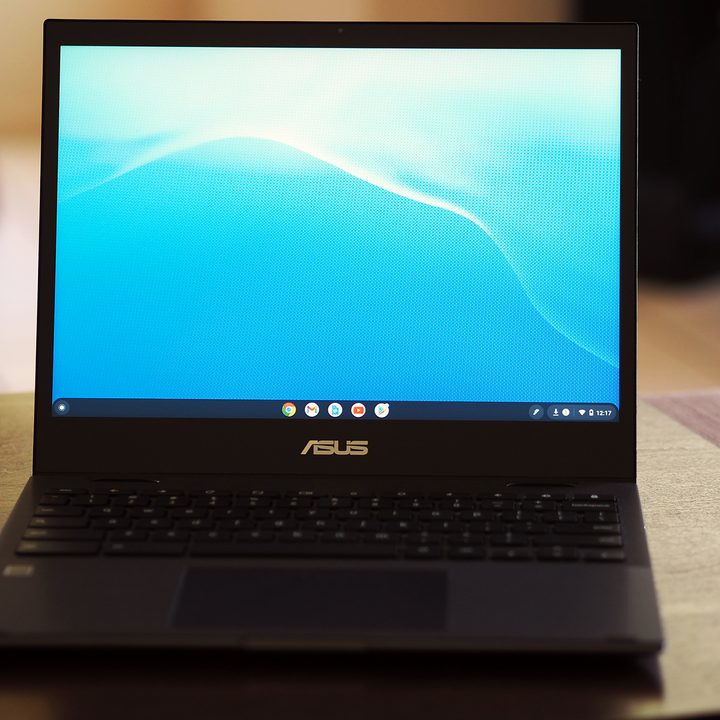 Asus Chromebook Flip CM3 sitting on table top.