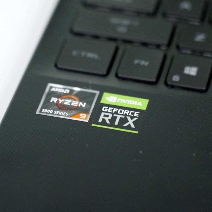 Ryzen and Nvidia RTX stickers on the palm rests of the ROG Flow X13.