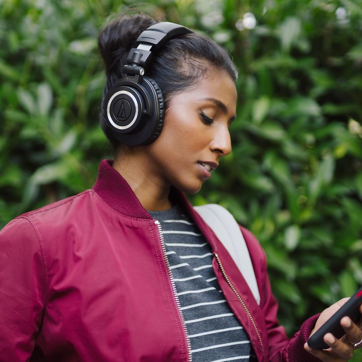 Audio Technica ATH M50xBT2 worn on head.