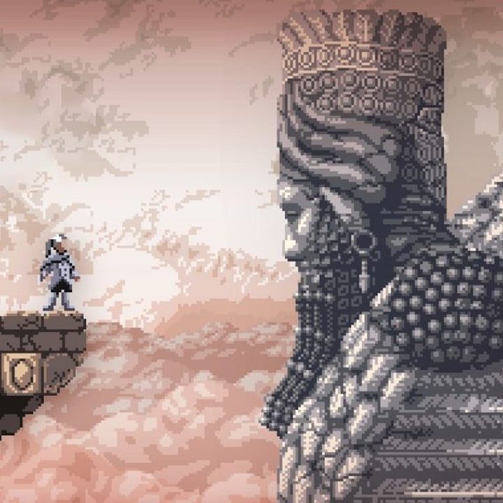 The main character of Axiom Verge 2 stares at a statue