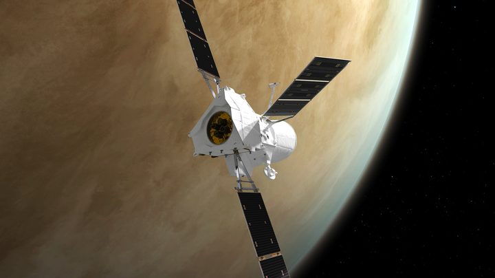 Artist impression of BepiColombo flying by Venus on 10 August 2021. The spacecraft makes nine gravity assist maneouvres (one of Earth, two of Venus and six of Mercury) before entering orbit around the innermost planet of the Solar System.