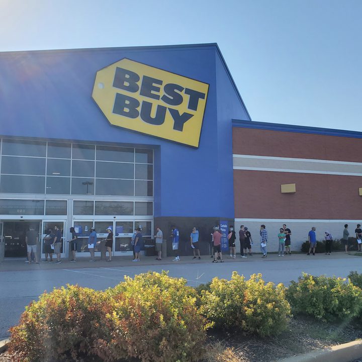 The long line outside Best Buy waiting to buy restocked graphics cards.