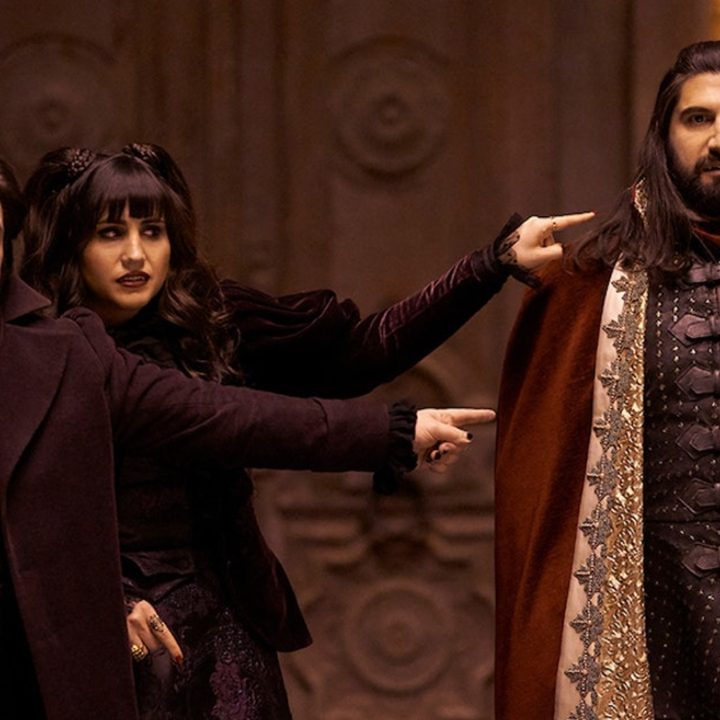 Matt Berry, Natasia Demetriou, and Kayvan Novak in What We Do in the Shadows.