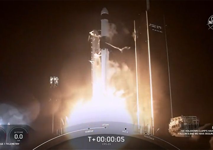 The SpaceX Falcon 9 rocket launches the Cargo Dragon spacecraft toward the International Space Station.