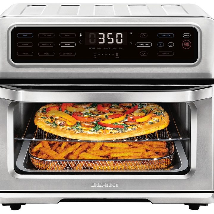 The Chefman Toast-Air cooking pizza and fries at the same time.