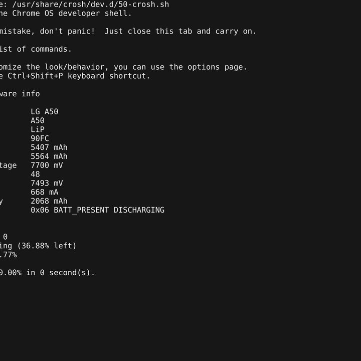 Crosh on a Chromebook showing battery information.