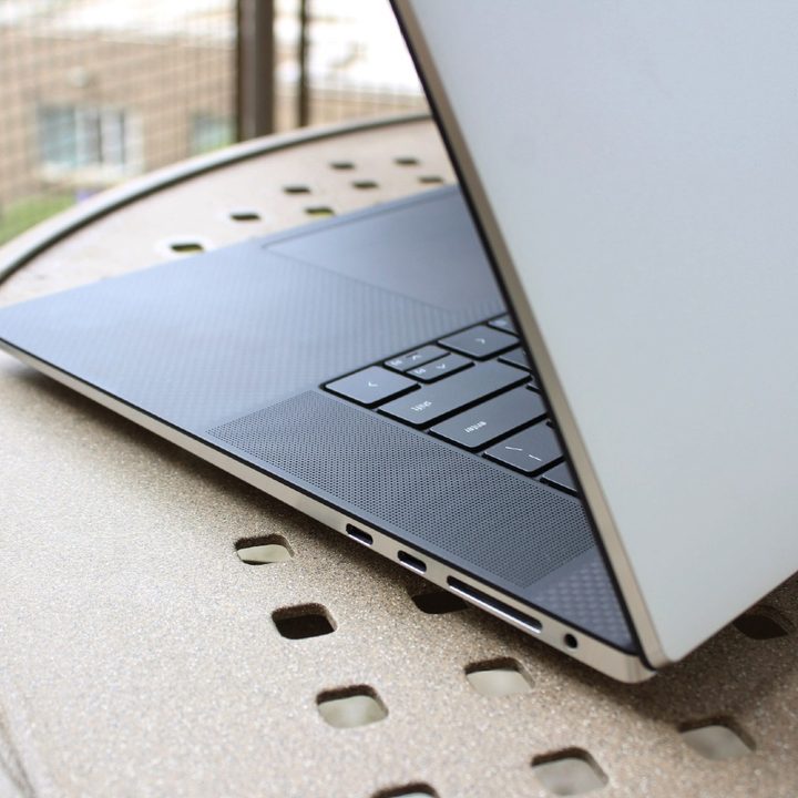 The Dell XPS 17, open to reveal its carbon-fiber palm rests.