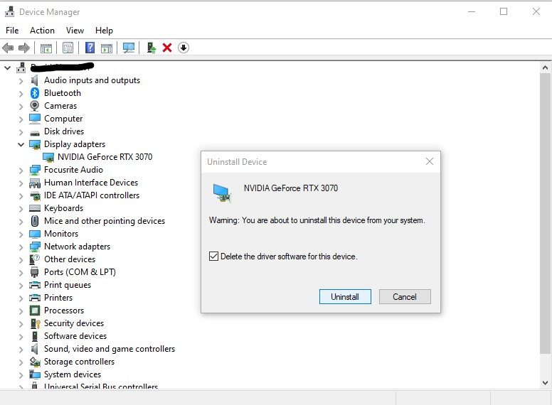 Confirmation dialog for uninstalling drivers.