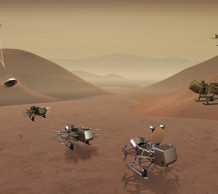 Illustration of Dragonfly mission concept of entry, descent, landing, surface operations, and flight at Titan.