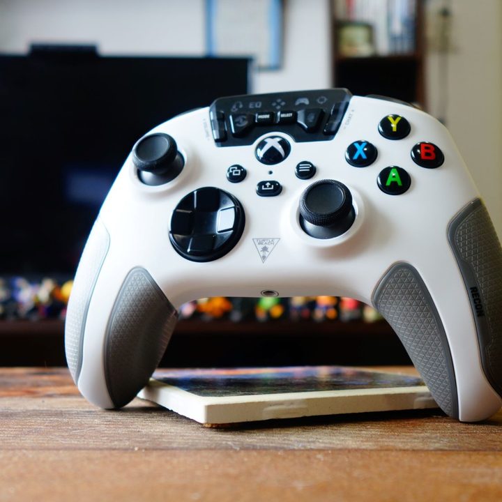 Turtle Beach's Xbox Recon controller standing up on a table.