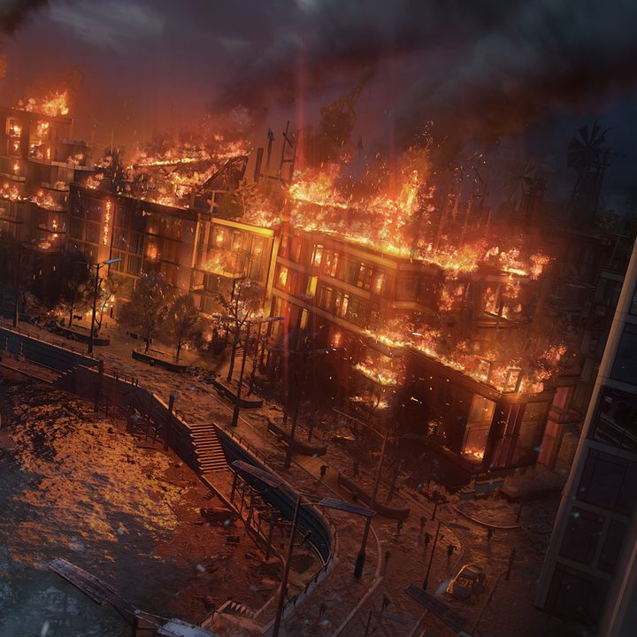 Buildings burning in Dying Light 2.