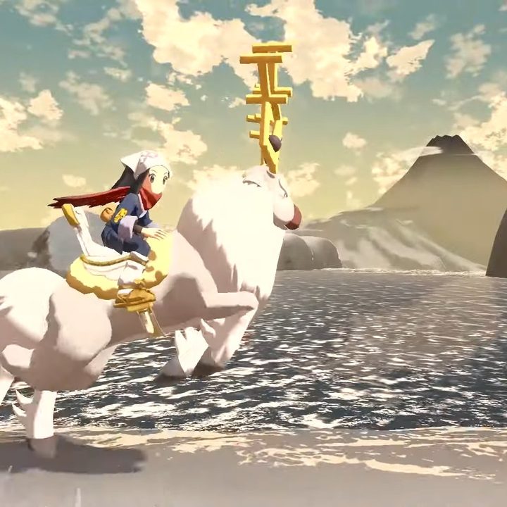A Pokemon trainer rides a deer in Pokemon Legends: Arceus.