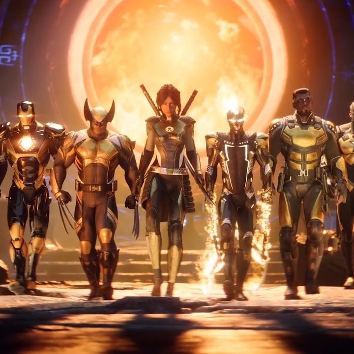 The cast of Marvel Midnight Suns stands in a line-up.