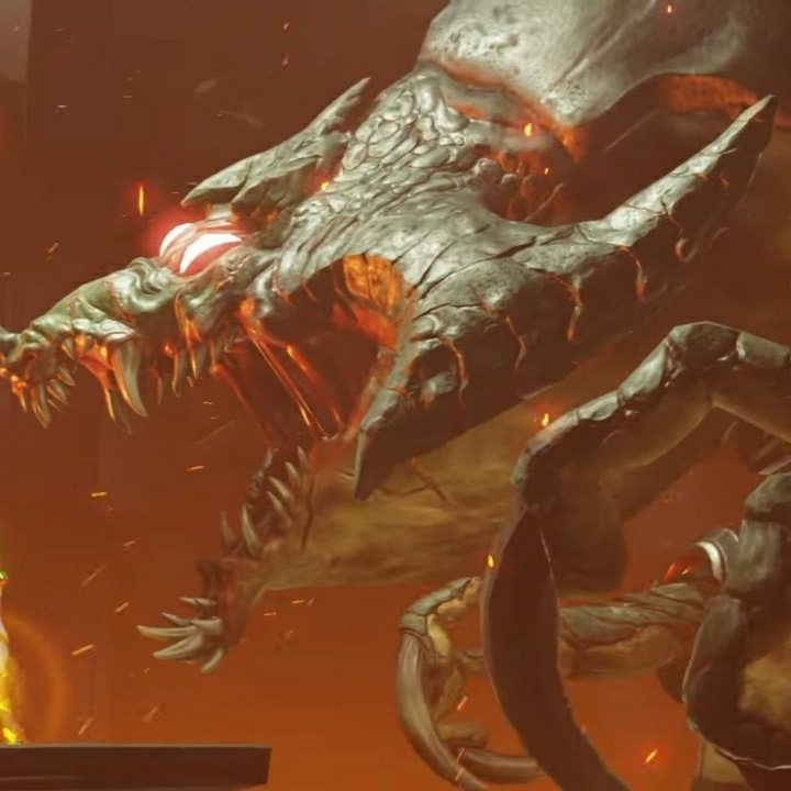Samus stares at Kraid in Metroid Dread.
