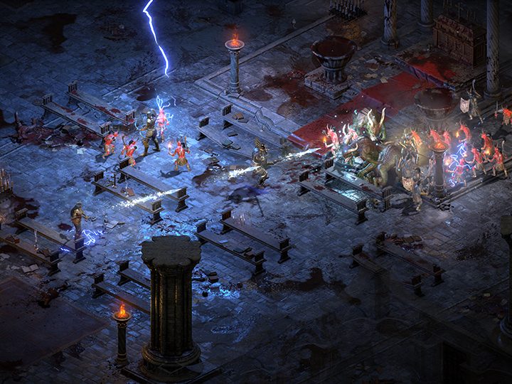A paladin fighting hordes of demons in a cathedral