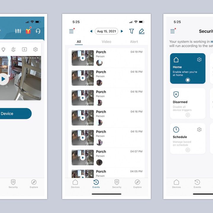 The various screens of the Eufy Security app.