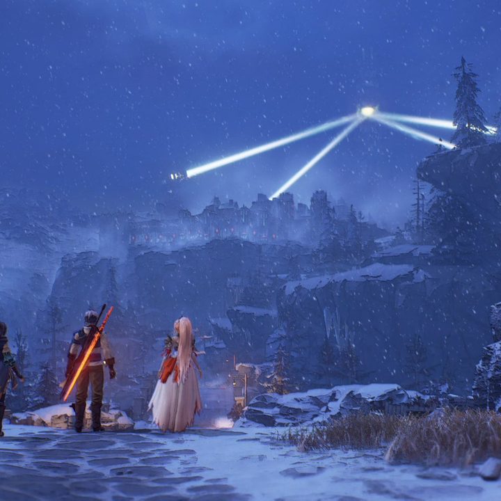 The cast of Tales of Arise look at a light in the sky.