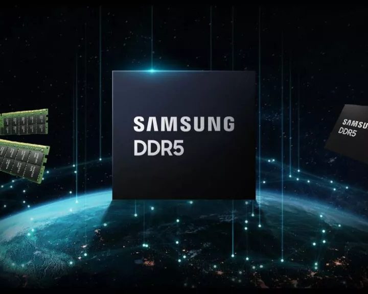 A render of a black square with "Samsung DDR5" written inside, surrounded by Samsung's memory modules, over a picture of Earth.