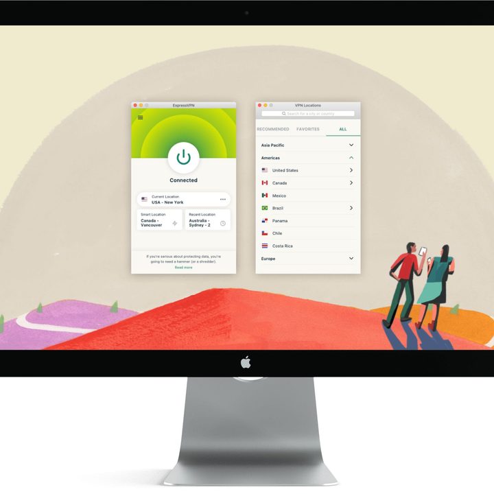 A rendering of ExpressVPN open on an iMac against a white background.