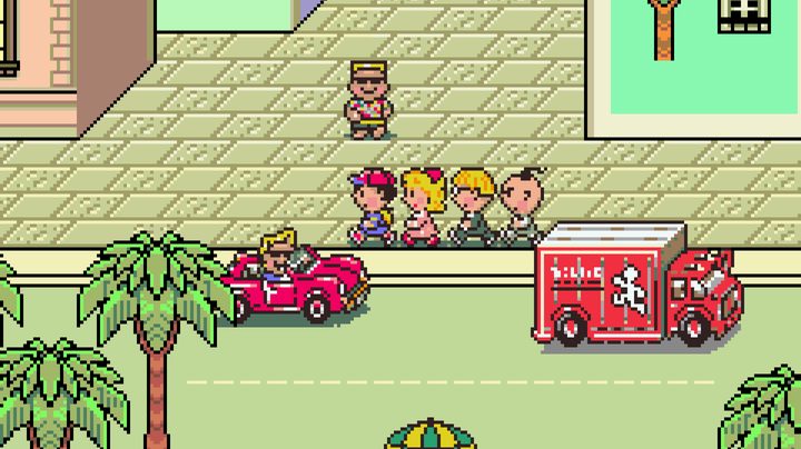 Party members walking in Earthbound.