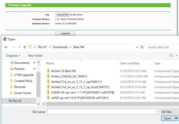 Browsing for the firmware file on a computer.
