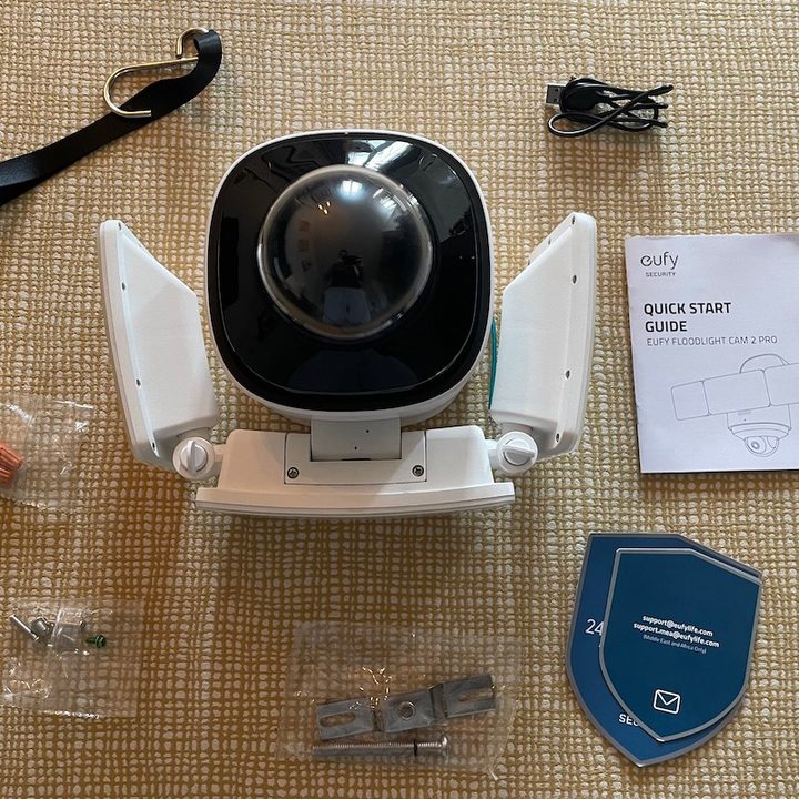 The box contents of the Eufy Floodlight Cam 2 Pro.